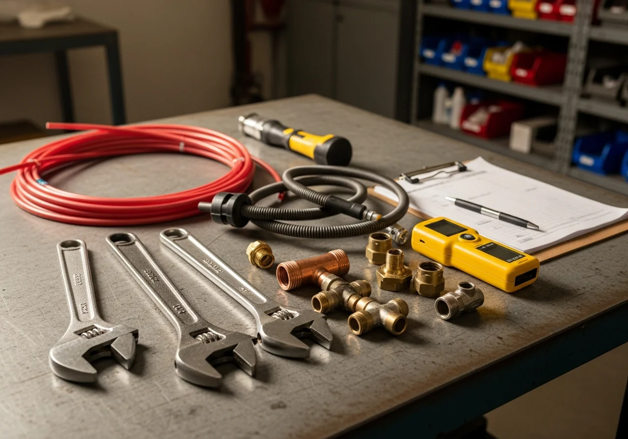 Plumbing tools and equipment arranged on a work surface, ready for service calls.