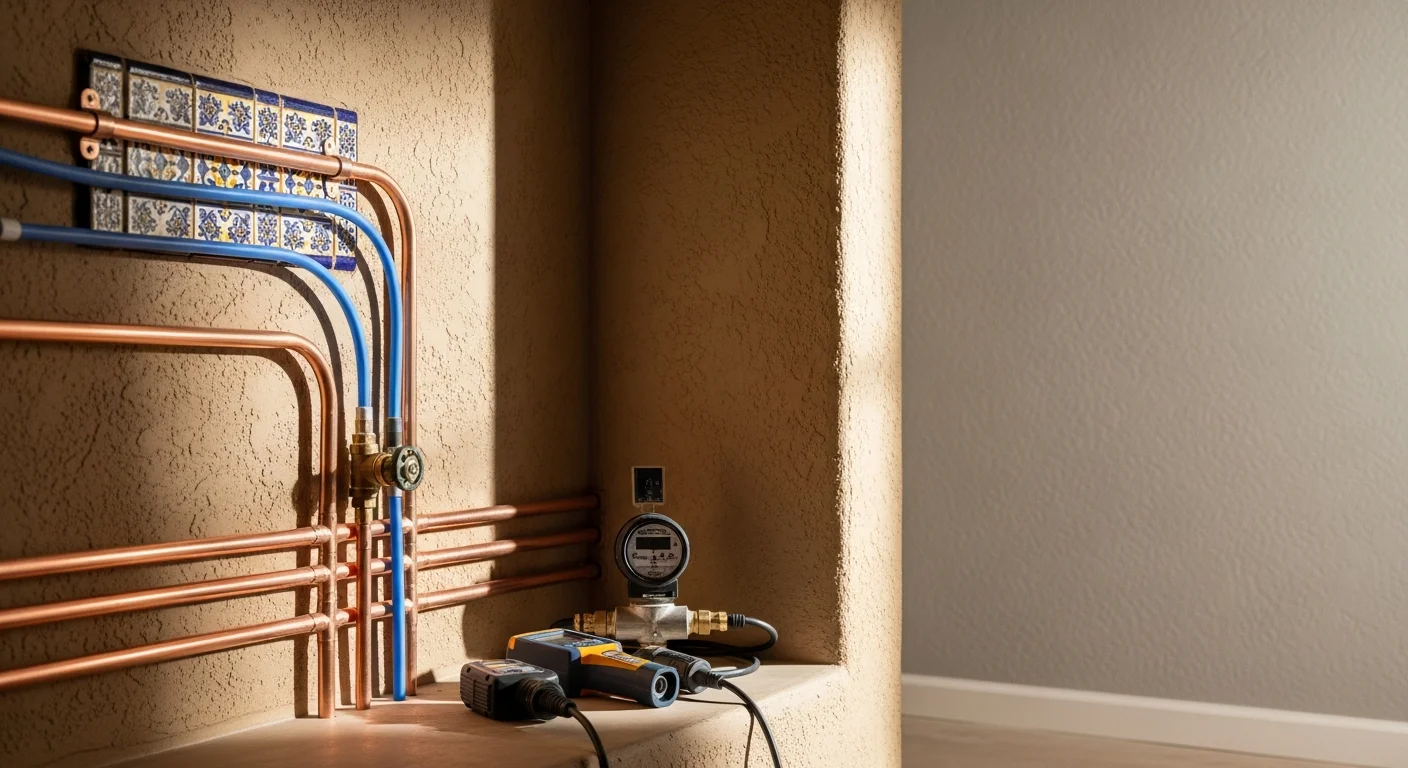 Plumber using leak detection equipment on residential water line