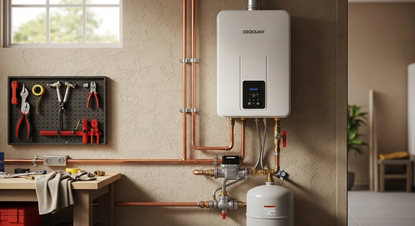 Technician installing a tankless water heater in a residential home