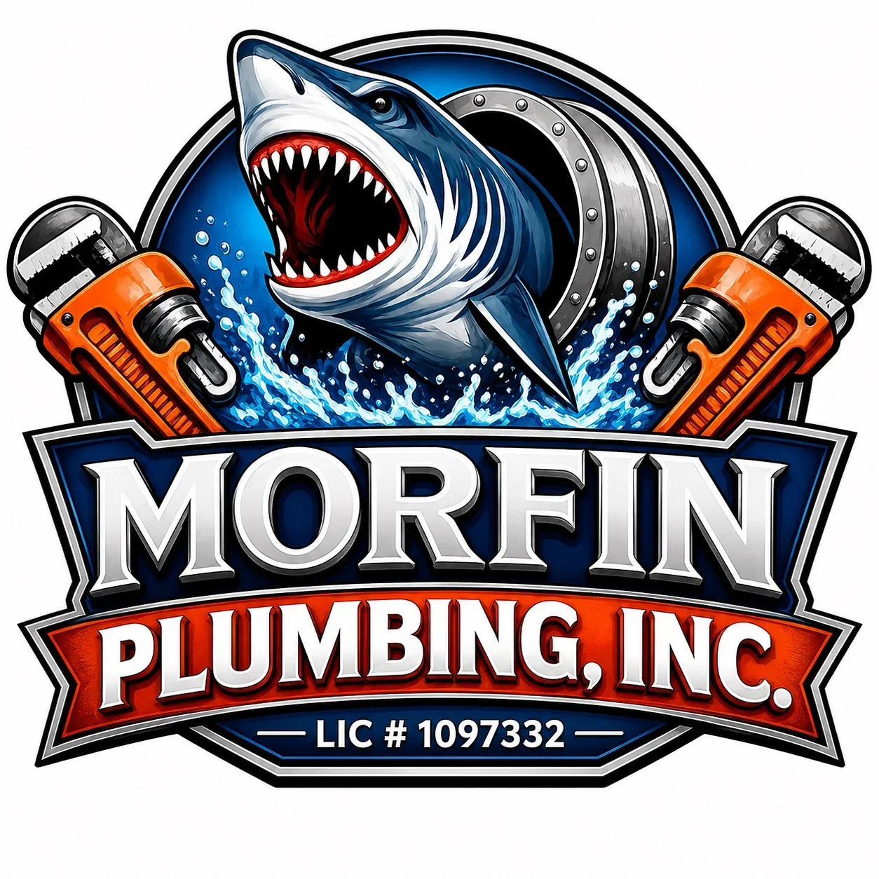 Shark logo with wrenches and water splash for plumbing service branding