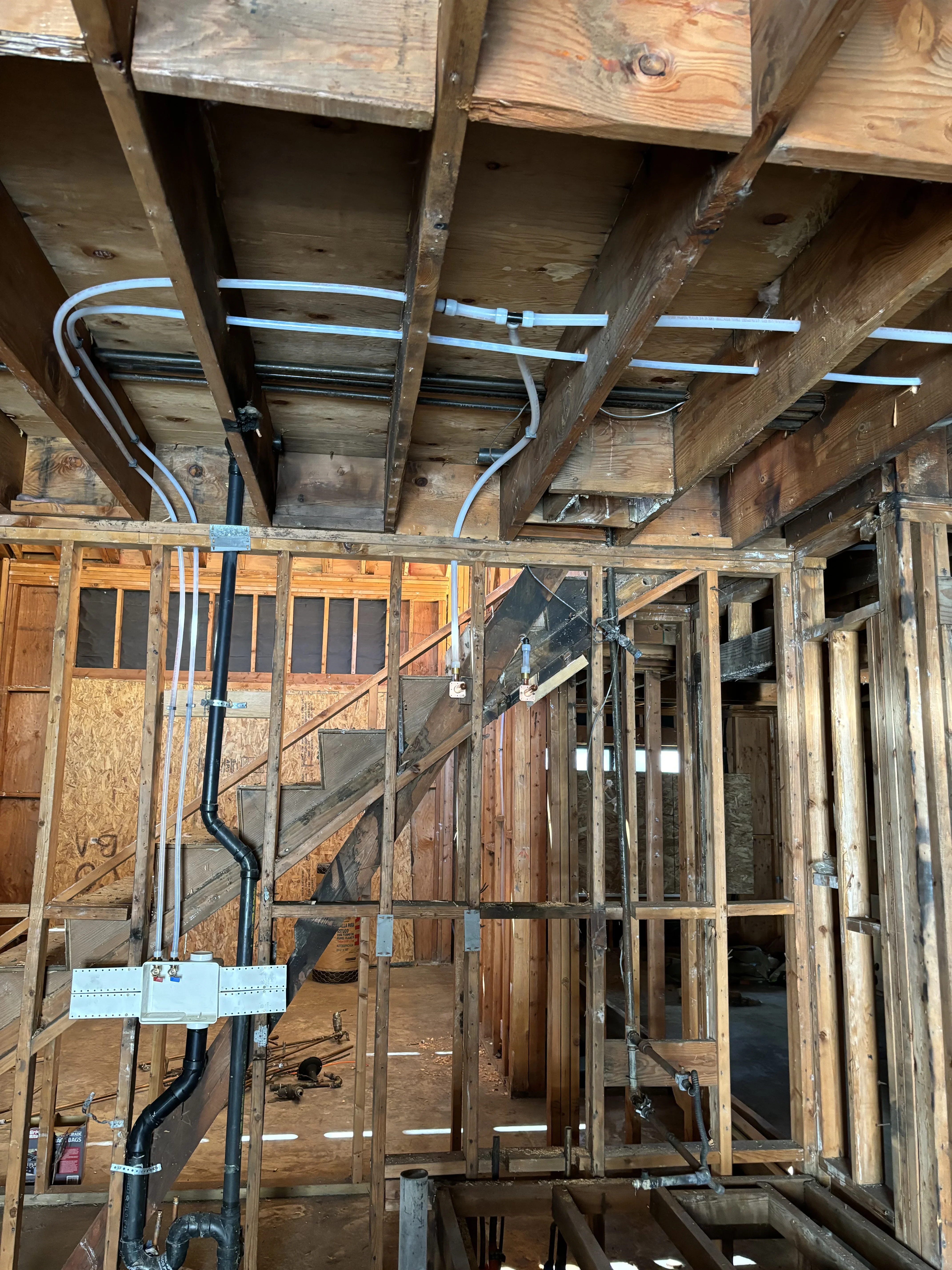 PEX supply lines and drain pipes installed through wooden framing with blue tubing and black drain lines