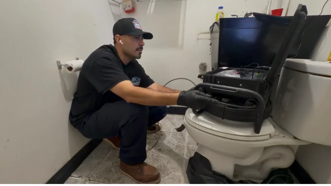 Plumber installing white ceramic toilet with black seat in residential bathroom