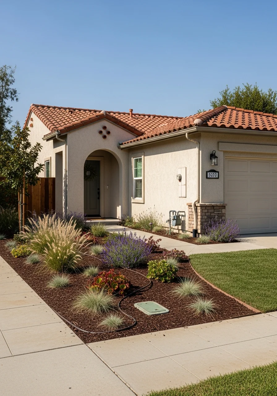 Close-up of a well-maintained Anaheim home exterior with professional landscaping.