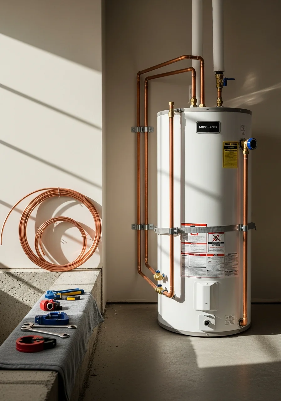 Professional plumber installing water heater in Anaheim Hills home