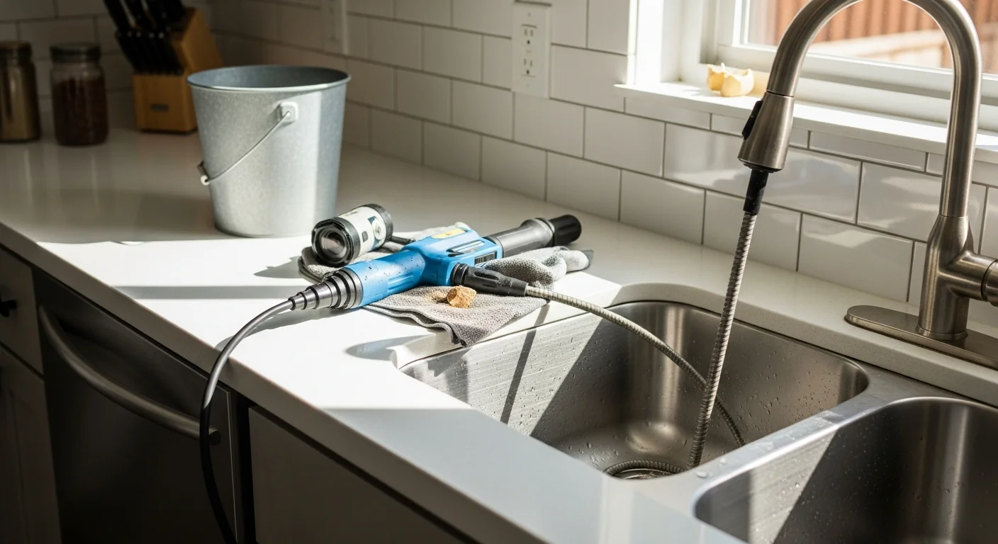 A licensed plumber from Morfin Plumbing Services feeding a drain snake into a kitchen sink drain inside an Anaheim home. The pipe access point is visible beneath the cabinet, showing a typical residential drain cleaning service call.