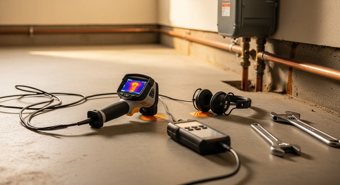 A Morfin Plumbing Services technician using acoustic leak detection equipment on a concrete slab floor inside an Anaheim home. The image shows the plumber kneeling near the floor with detection gear, with no visible wall or floor damage.
