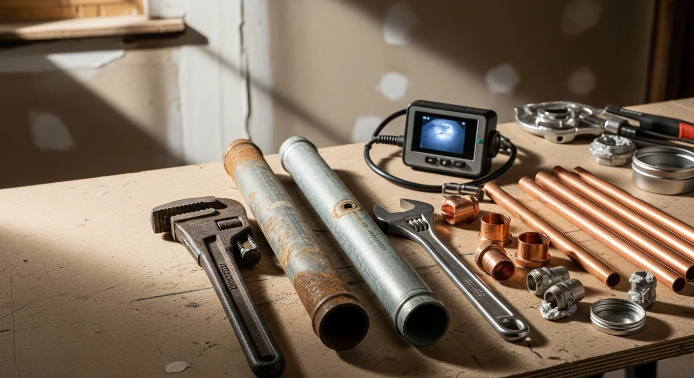 A licensed plumber repairing a corroded pipe beneath a kitchen sink in an older Anaheim home. The work area shows exposed supply lines and repair tools on a residential job site.