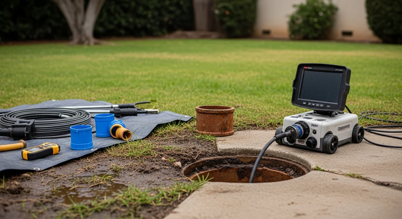 A plumber reviewing sewer camera footage on a monitor beside an open cleanout access point in the yard of an older Anaheim residential property. The screen shows the interior of a cracked clay sewer pipe with visible root intrusion.