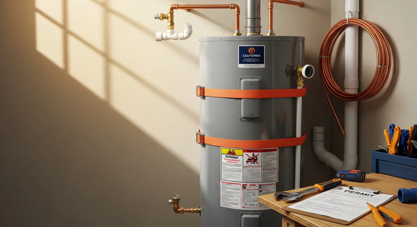 A newly installed tank water heater secured with California-code earthquake strapping inside a residential utility space in Anaheim, CA. The unit shows fresh water line connections, a properly discharged pressure relief valve, and clean surrounding pipework completed by Morfin Plumbing Services.