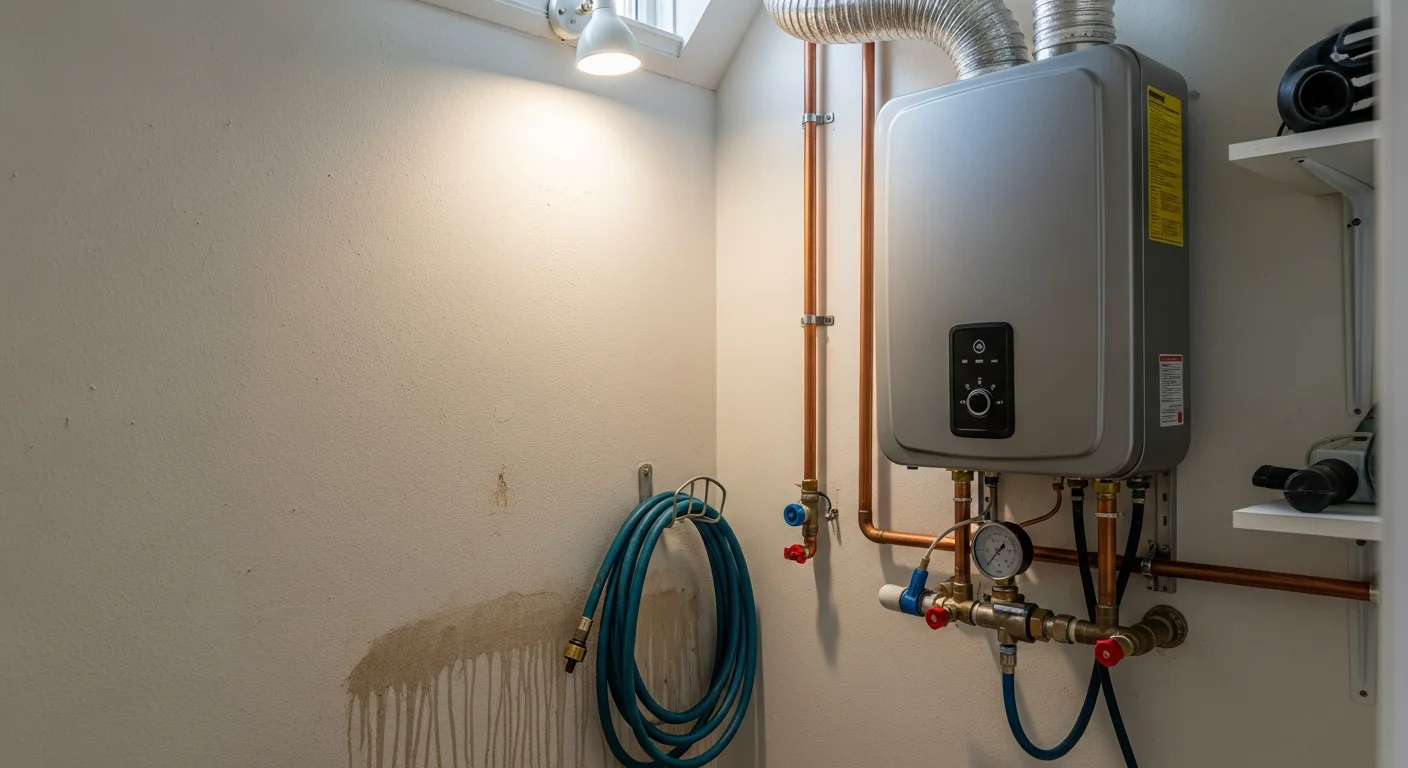 A wall-mounted tankless water heater installed in a residential utility space in Anaheim, California. A plumber from Morfin Plumbing Services checks the gas line connections and venting on the newly installed unit.