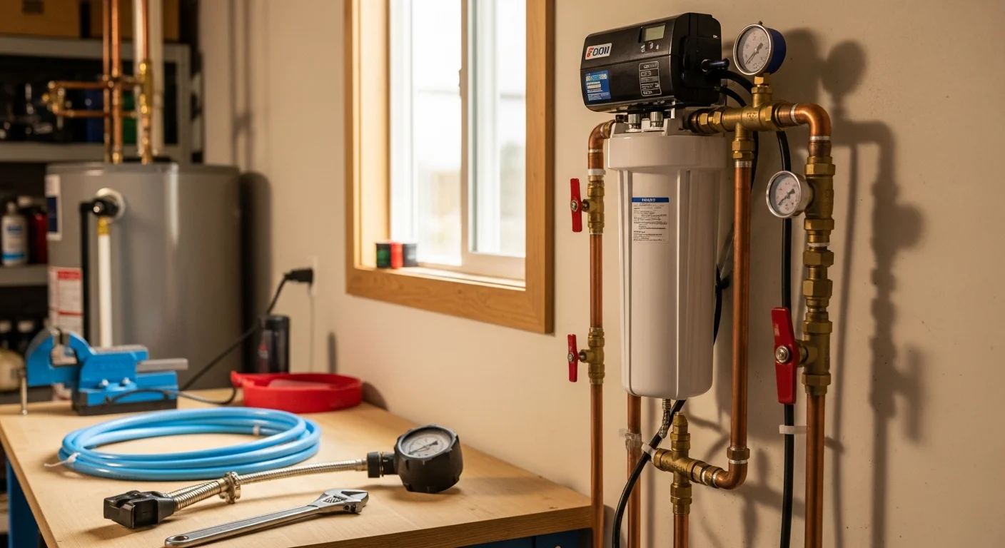 A whole-house water filtration system installed on the main supply line inside the garage of an Anaheim single-family home. Shut-off valves and filter housings are mounted securely to the wall with clearly labeled inlet and outlet connections.
