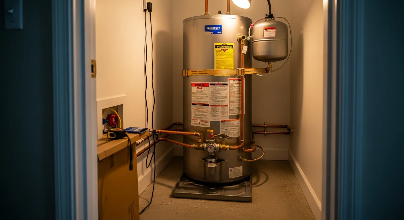 A licensed plumber from Morfin Plumbing Services installing a new tank water heater in a residential utility closet in Anaheim, California. The unit is secured with California-required earthquake strapping and connected to copper supply lines.