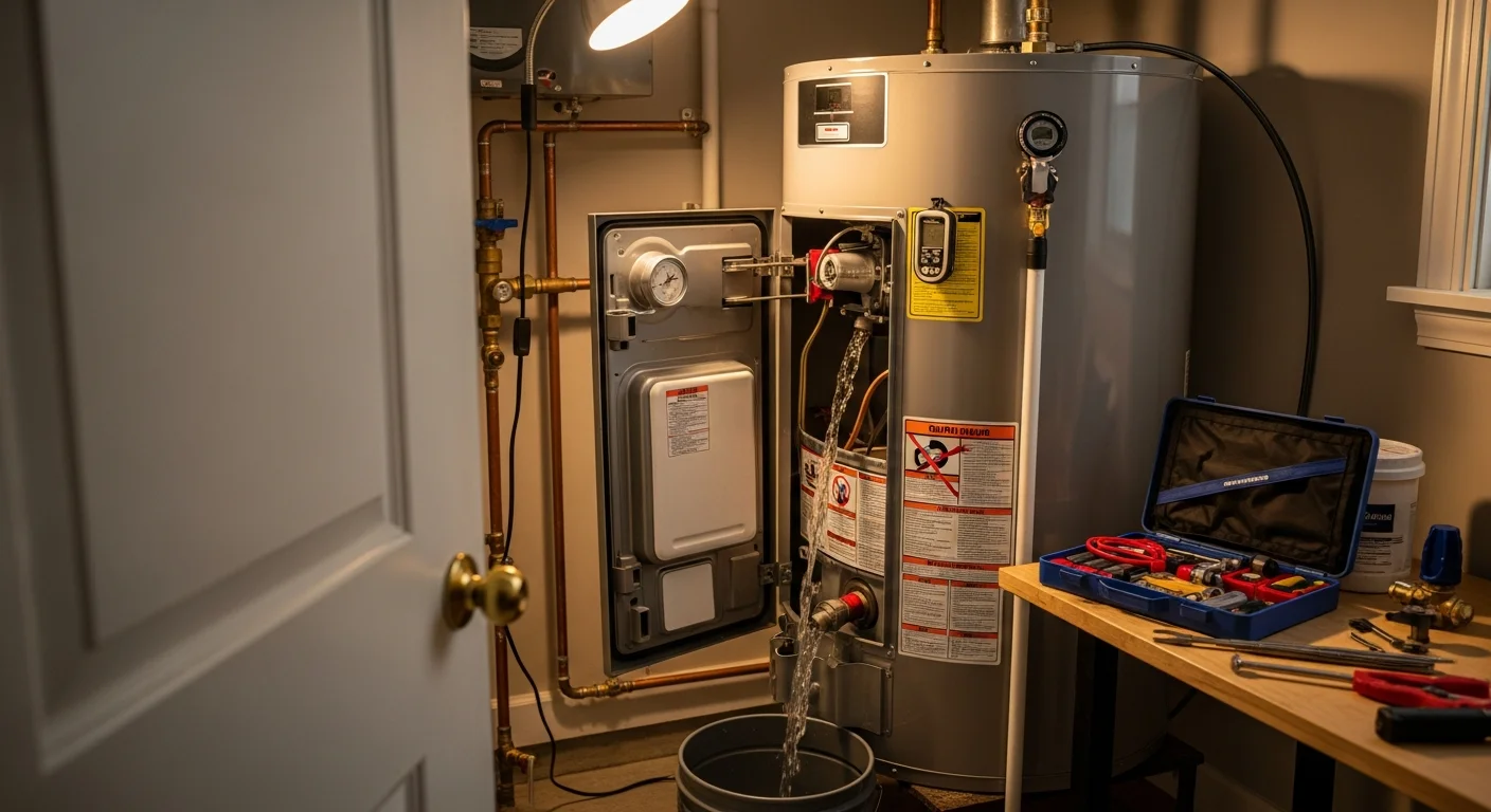 A plumber flushing sediment from a residential tank water heater during a maintenance visit in an Anaheim home. Mineral buildup from hard water is visible in the drained water collected below the unit.