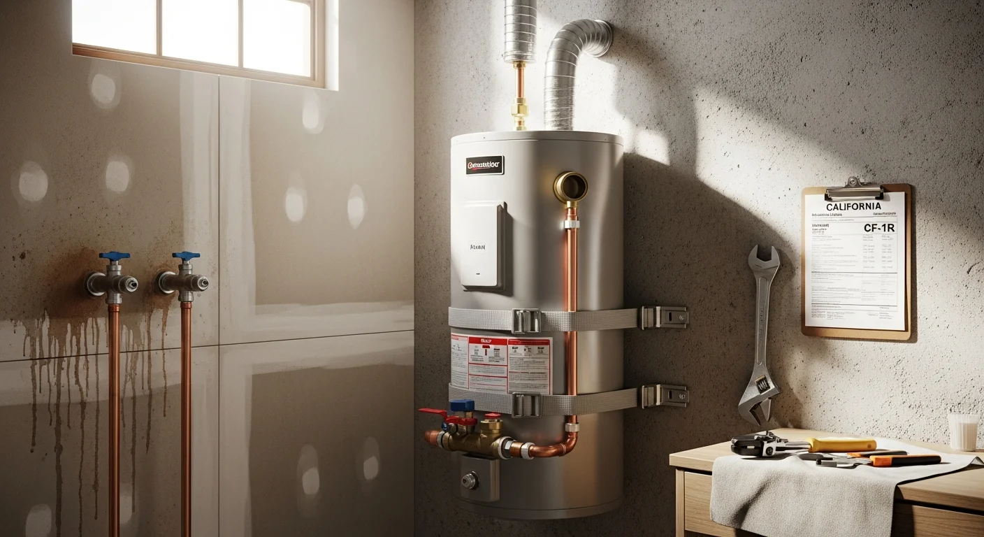 A newly installed water heater with earthquake strapping secured to a garage wall in an Anaheim home. A Morfin Plumbing Services technician checks the pressure relief valve and supply line connections after replacement.