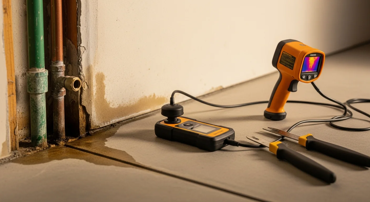 A Morfin Plumbing Services technician using acoustic leak detection equipment on a concrete slab floor inside an Anaheim home. The image shows the detection process on a slab-on-grade foundation with no visible floor damage.