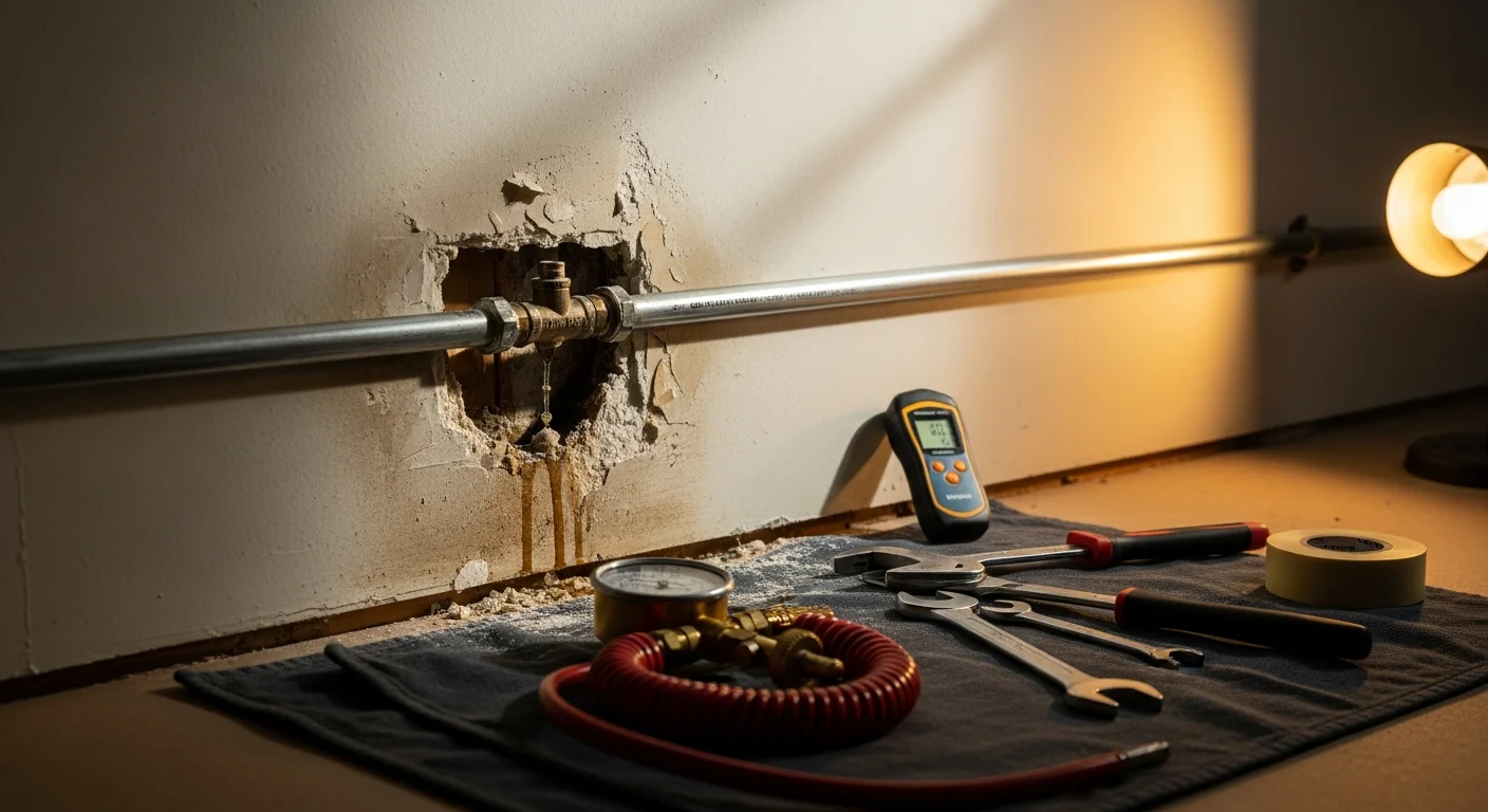 A plumber from Morfin Plumbing Services inspecting a repaired copper pipe connection beneath a slab-foundation home in Anaheim. The surrounding concrete shows a clean, minimal access cut with no visible water damage remaining.