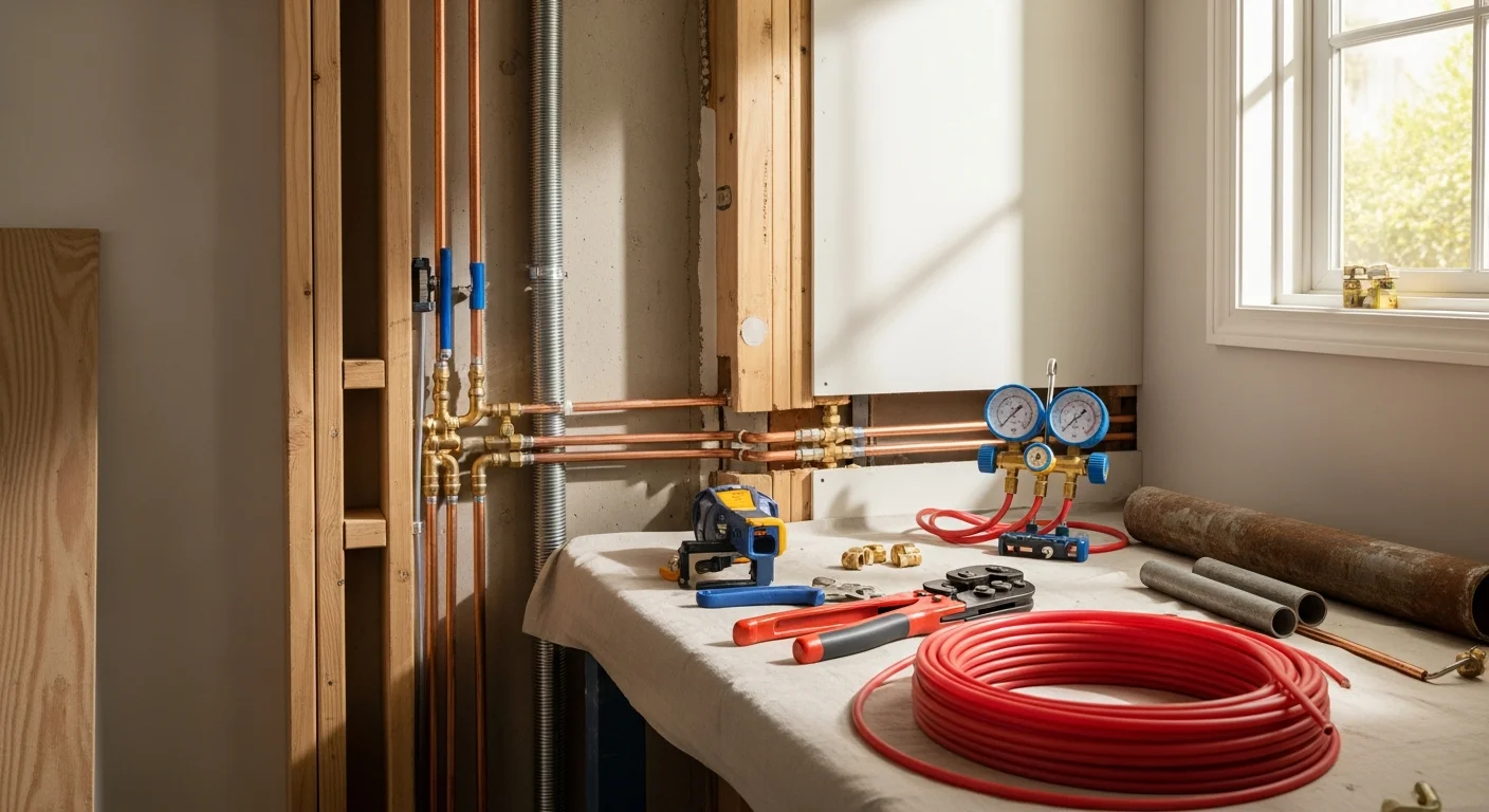 A licensed plumber from Morfin Plumbing Services installing new supply lines inside the wall cavity of an older Anaheim home. Freshly run piping connects to a bathroom fixture during a whole-home water repipe installation.