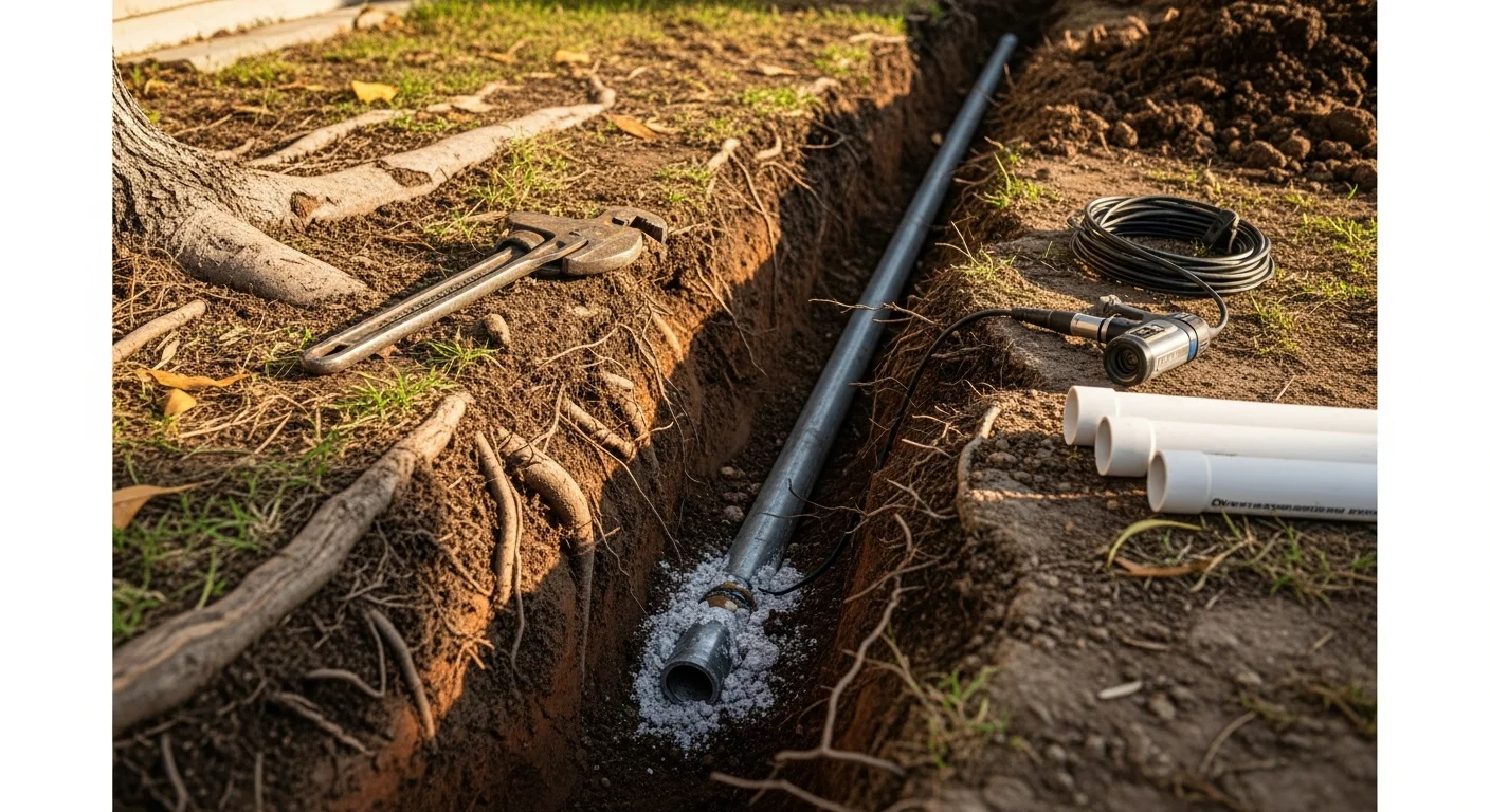 A plumber inspecting an exposed residential water service line in an Anaheim front yard, with surrounding soil carefully removed to access the damaged pipe section. The repair site shows the connection point between the home's supply line and the street-side water main.